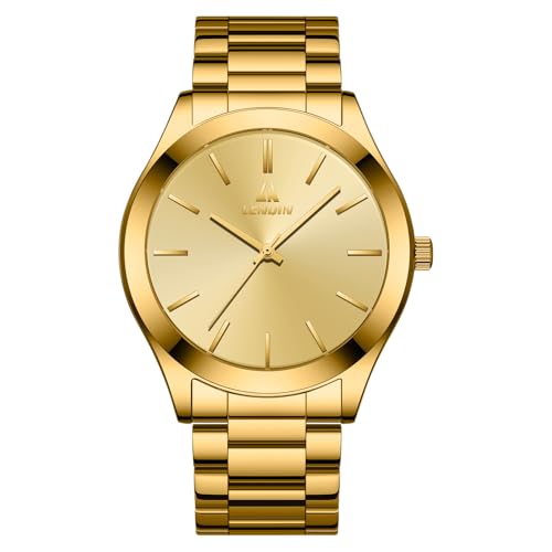 LN LENQIN Mens Watches Stainless Steel Analogue Quartz Minimalist Luxury Waterproof Men's Wrist Watches Metal Casual Business Dress Watch for Men (All Gold)