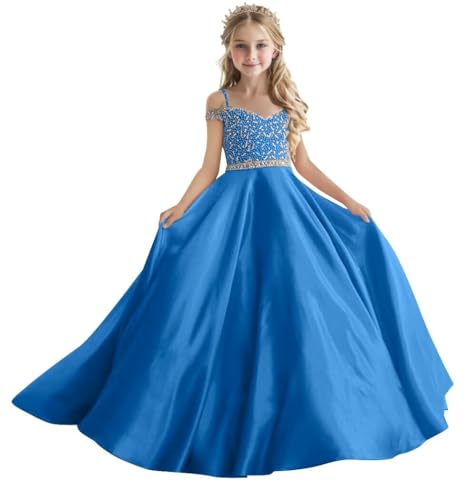 Satin Flower Girl Dress Off Shoulder Princess Pageant Dresses for Girls Sparkling Beaded Prom Ball Gown