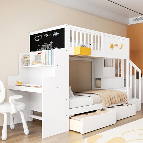 Ktipm Cama Infantil 90x200 cm Litera con Escritorio y 2 Cajones, Litera Infantil con Escalera Almacenaje y Barandilla Anticaída, Literas Infantiles con Listones de Madera, Sin Colchón, Blanco