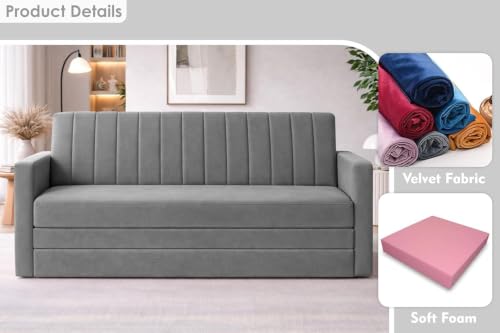Image of Rosebell Foldable Sofa-Cum-Bed | 3-in-One Convertible Couch with Armrest | Modern Velvet Fabric Sofa for Living Room, Bedroom & Office-Grey-Color