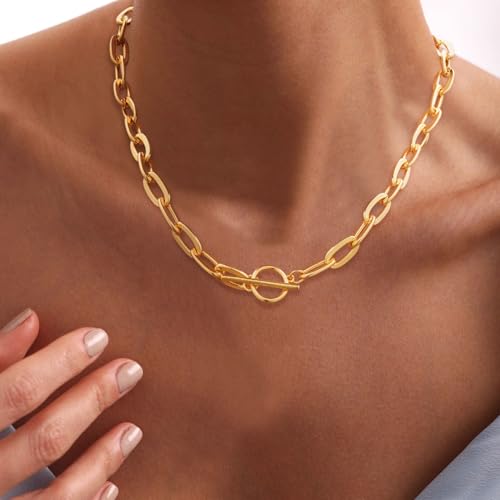 14K Gold Plated Necklace for Women Sweatproof, Non Tarnish Chunky Layered Chain Necklaces Thick Gold Layering Herringbone Paperclip Necklace Stacks Toggle Necklaces for Women Men4