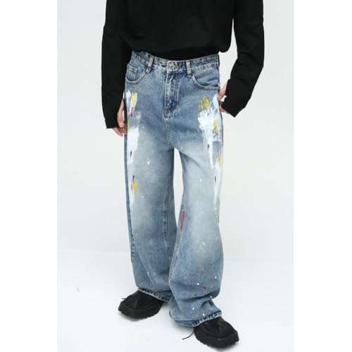 XYGJZ Men Wide Leg Paint Splatter Jeans Baggy Loose Hip Pop Denim Pants3