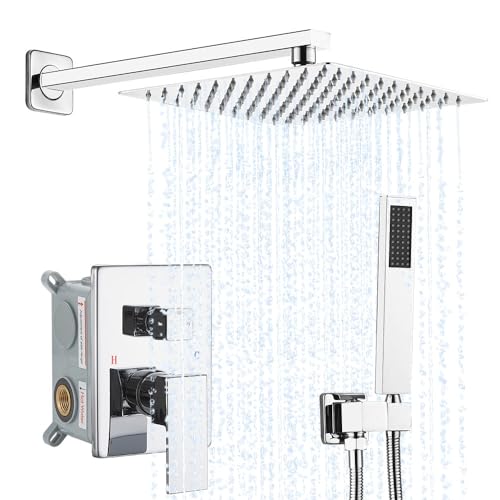 Image of Chrome Shower System YCAIKOI Wall Mount Shower Faucet Set for Bathroom 10 Inch High Pressure Luxury Shower Head with Handheld, Rough-in Valve Body and Trim Included