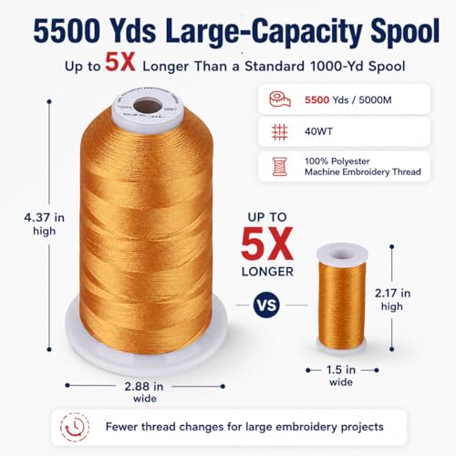 Image of Simthread 5500Yds /5000M 40WT Polyester Embroidery Thread Deep Gold 214 | High-yardage 5000M spool offers smooth feeding and stable 40WT polyester thread for home and commercial embroidery machines.