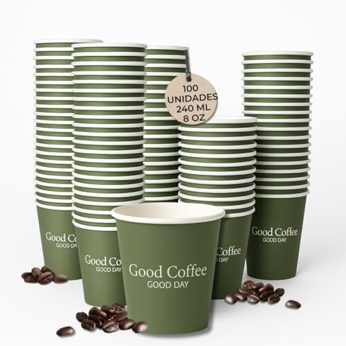 Vasos Café Desechables 100 Unidades - Vasos de Cartón Verde 240 ml con Diseño Elegante Para Llevar Café con leche, Cappuccino, Americano - Vasos para Bebidas Calientes o Frías - Oficina, Catering, Bar