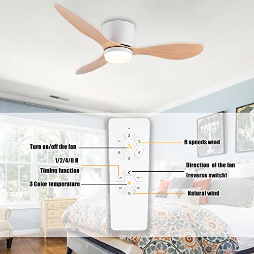 Gesum Ceiling Fan With Light, 42" Small Ceiling Fan Light With 3 Colors, 6 Speeds, Timing,Low Profile Ceiling Fan With Remote Control 3 Blades For Kitchen Bedroom Dining Room (White Wood) #TOP5