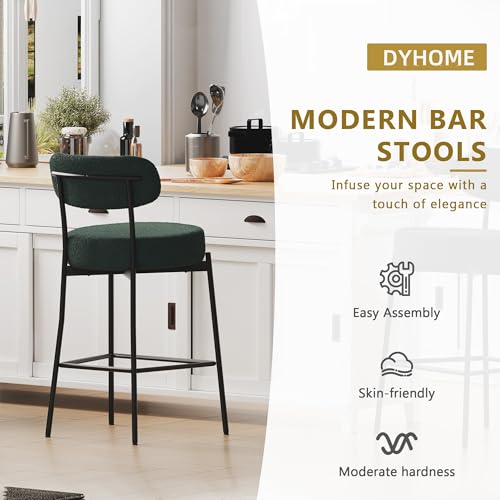 DYHOME Bar Stools Set of 3, Green 28 Inches Counter Height Stools,Modern Boucle Barstools with Back,Upholstered Bar Chairs for Kitchen Island, Dining Room