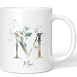 JUNIWORDS Tasse, Miri, Name Anfangsbuchstabe Initial Alphabet Floral Buchstabe M Monogramm Motiv, Weiß (5468263)