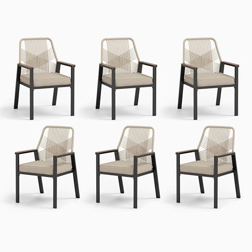 Image of MIXPATIO Patio Wicker Chair Sets of 6, Outdoor Dining Chairs with 3.1 inch Seat Cushions, Sturdy Metal Frame & Wood Grain Armrest, Beige