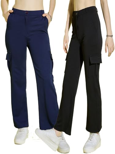 Image of DIMPY GARMENTS Full Length Straight Fit Solid Cargo Pants | Women Casual Pant Combo-Pack of 2