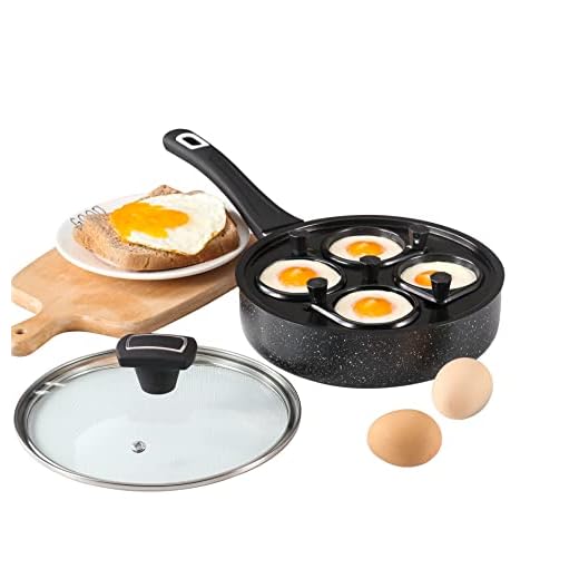 Royal Cuisine Non-Stick Egg Pan with 4 Poaching Cups, Scrambled, Poached & Fried Eggs, Tempered Glass Lid, Soft-Touch Handle, Metal Utensil Safe, 20 cm, Marble Coating