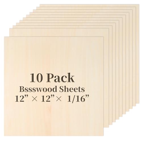 Balsa Wood Sheet, 10 Pack Plywood Sheets, Basswood Sheets 12X12X1/16 Inch, Unfinished Wood Boards Blanks for Laser Cutting, Engraving, Burning, Crafts