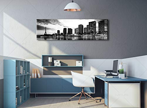 Image of DJSYLIFE Paris Eiffel Tower Skyline Wall Art Black and White Modern City Night View Panoramic Cityscape Picture Paintings Canvas Prints Office Room Home Decoration Artwork Framed 13.8 inchX47.3 inch