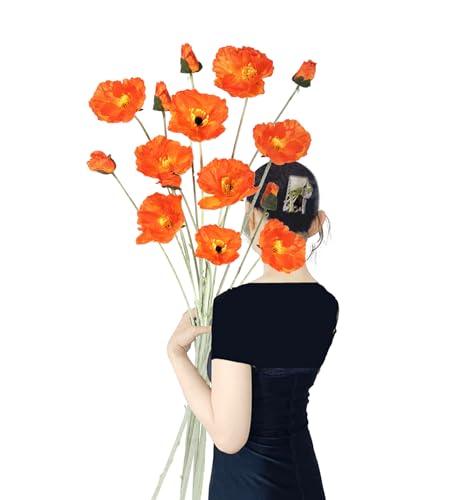 Fqueelvys Artificial Poppies,6PCS Faux Orange Poppy Flowers 35.43in Long Stem Poppies Silk Flowers for Tall Vase Wedding Party Home Decor(Orange)