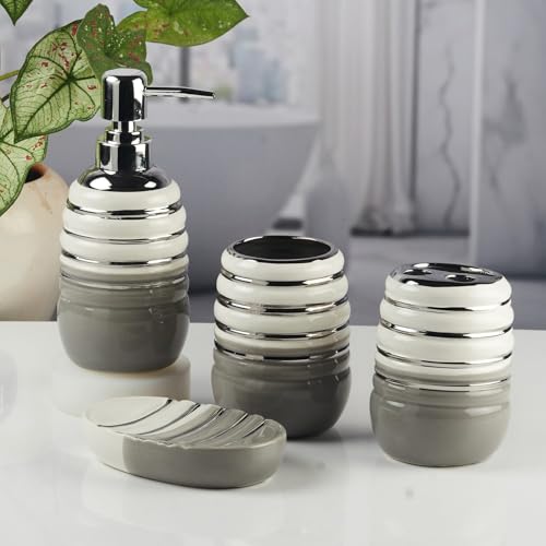 Image of SaSaSa Ceramic Bathroom Accessories Set of 4 Modern Bath Set with Soap Dispenser & Toothbrush Holder, Luxury Home & Gift Idea (11423)