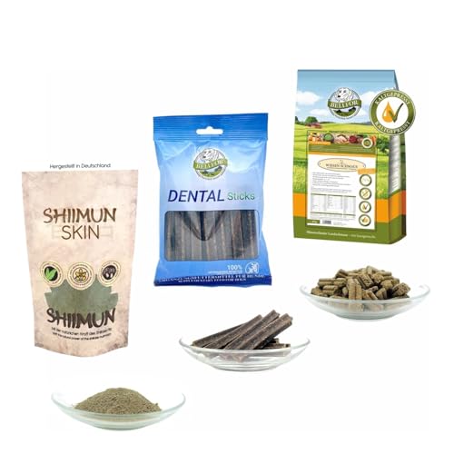 Bellfor Futterset für Dobermann – Getreidefreies Trockenfutter mit Huhn 4 kg, Dental Sticks 100 g & Ergänzungsfuttermittel Shiimun Skin Pulver 50 g