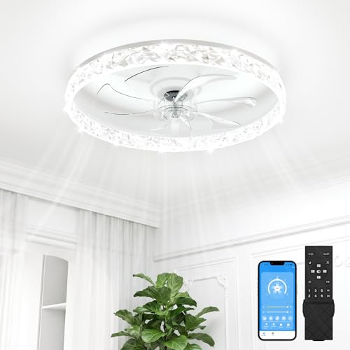 Image of VOLISUN Low Profile Ceiling Fan with Lights and Remote, No Assembly, 24in Modern Ceiling Fans Flush Mount, 3000K-6500K Dimmable Bladeless LED Fan Light, White Fandelier Ceiling Fans for Bedroom