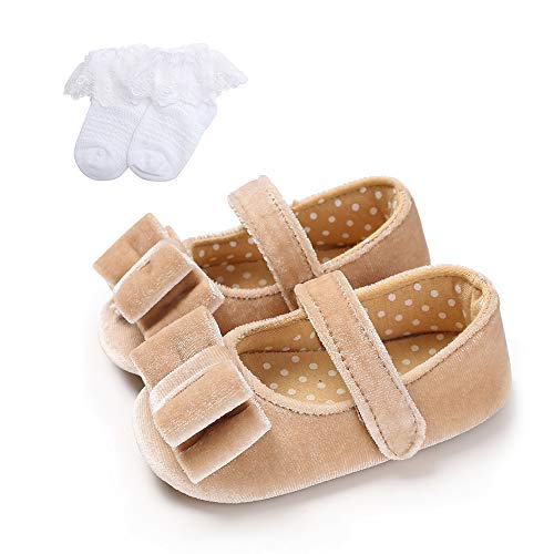 Delebao Baby Girls Mary Jane Shoes Soft Sole Ballet Infant Slippers Princess Dress Wedding Shoes Newborn Crib Shoes First Walkers Shoes with Socks