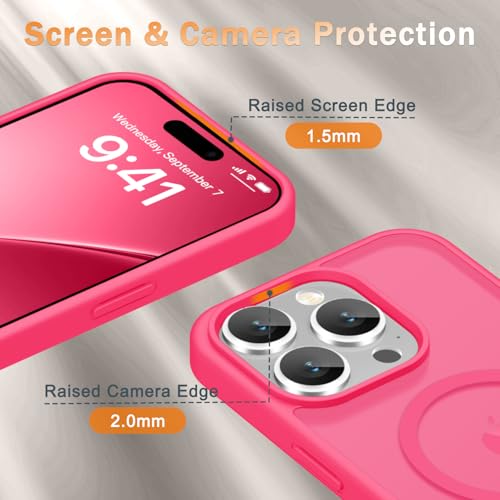 Image of YENAPOON for iPhone 15 Pro Max Case, Matte Magnetic Phone Cover [with 1 Screen Protector] [Support for MagSafe] [Shockproof Military Grade Protection] Translucent Frosted Back, Hot Pink