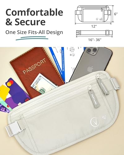 Image of Vantamo Money Belt with RFID For Men & Women, Hidden Passport Holder for Travel, 2 Compartment Travel Fanny Pack for Women Anti Theft