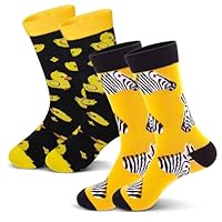 UIHRLM 2 Pairs Funny Socks, Soft Cotton Novelty Crew Socks with Yellow Duck Zebra Pattern, Breathable Cute Animal Crew Sock Set Fit Women Men Teens Adults for Birthday Graduation Party Casual Use