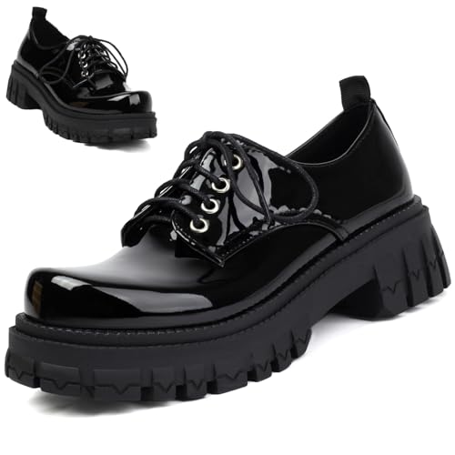 Image of Women's Patent Leather Platform Chunky Loafers Perforated Lace-up Round Toe Wingtip Oxford Shoes Non-Slip Lug Sole Brogue Dress Shoe