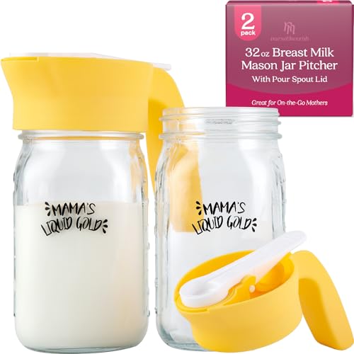 Image of Nurse & Nourish [2 Pack 32oz Breastmilk Pitcher w/Pour Spout Handle - Breast Milk Mason Jar Pitcher - Glass Pitcher for Breastmilk - Glass Breastmilk Storage Pitcher - Breast Milk Pitcher for Fridge