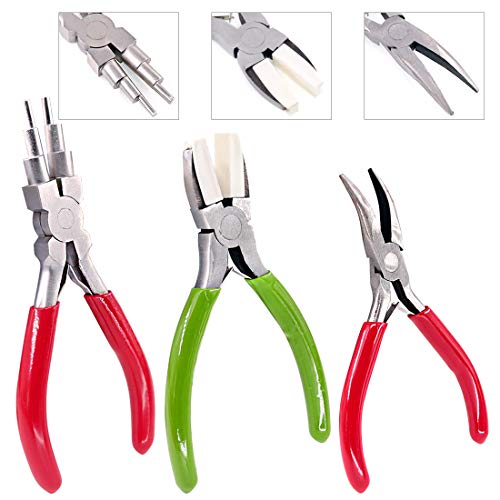 Swpeet 3Pcs Jewelry Pliers Kit, Including 6-in-1 Bail Making Looping Pliers, Artistic Wire Nylon Jaw Pliers and Bent Nose Micro Pliers for jewelry Making and Other Crafts