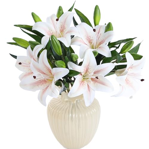 Kimura's Cabin 6Pcs Real Touch Tiger Lily Artificial Flowers,Pink White