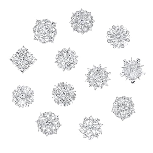 Image of 12Pcs Rhinestone Flower Brooch Pins Set Crystal Rhinestone Brooches for Women Silver Brooch Pins Decorative Pins Fashion Jewelry Pins for Women DIY Bridal Wedding Bouquet