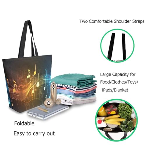 Music Notes on Line Wave Extra Large Canvas Gym Shoulder Tote,Durable Daily Reusable Top Handle Bag for Mens Womens Yoga Weekender Picnic Beach Travel Market Shopping2
