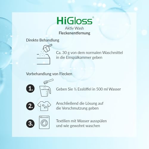HiGloss Fleckenentferner "Active Wash" - 2,5kg, Effektiver Waschkraftverstärker, Reinigungs- & Bleichmittel, entfernt hartnäckige Flecken, für alle Textilien, inkl. Maschinenpflege – Bild 2