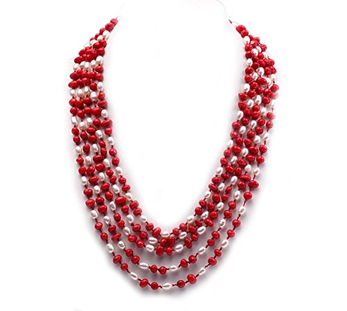 JYX Pearl Multi Strand Necklace White Freshwater Pearl and Red Coral Chunky Necklace 21