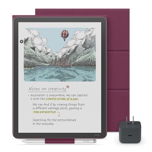 Image of Amazon Kindle Scribe Essentials Bundle - Amazon Kindle Scribe Colorsoft (32GB) - Graphite, Premium Pen, Premium Leather Folio Cover-Fig, Power Adapter