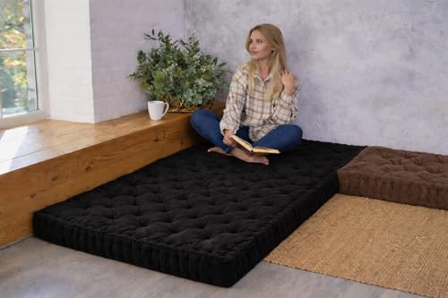 Image of ATOOTFUSION Soft Cotton Floor Box Mattress, 5-Inch Thick, Foldable, Movable, Medium Firm, Solid Colored (Black, Single 36X72X5 Inches)