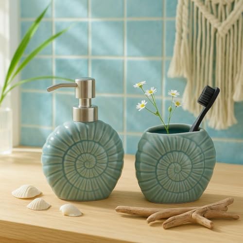 Image of Ceramic Bathroom Set of 2 | Soap Dispenser 300ml & Toothbrush Holder | Solid Grey Shell Design | Luxury Bathroom Accessories | Grey