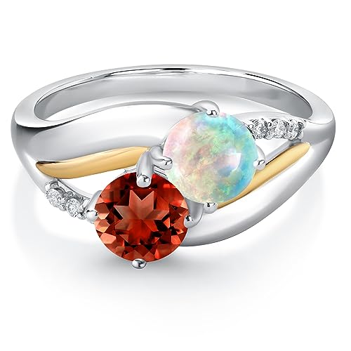925 Sterling Silver and 10K Yellow Gold Red Garnet White Simulated Opal and Lab Grown Diamond 2 Stone Engagement Ring For Women (1.54 Cttw, Round, January Birthstone, Available In Size 5, 6, 7, 8, 9)2