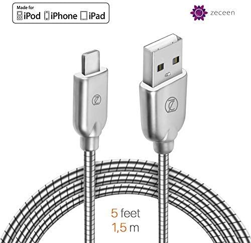 ZECEEN Metal USB Lightning Cable – Fast Charging & Data Transfer Cord (5 ft) – Almost Unbreakable – Bending & Weather Resistant – Compatible with iPhone XS/XR/X/8/7/6s/6/5s/SE, iPad Pro/Air/Mini