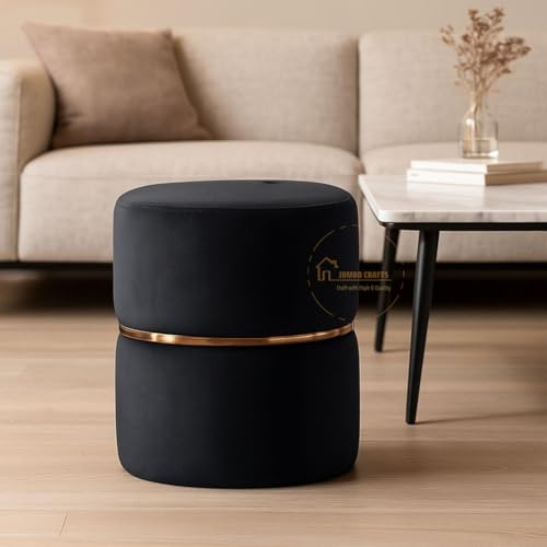 Image of Wooden Puffy Stool for Living Room Round Footstool - Ottoman Stool for Living Room Furniture Round Ottoman - Sitting Pouffe Ottoman Stool /Room Dcor /Office Stool - Black