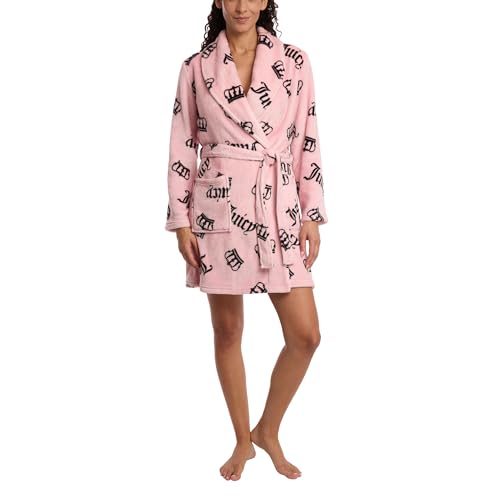 Juicy Couture Women's Super Soft Luxe Plush Shawl Collar Robe (US, Alpha, Large, X-Large, Regular, Regular, Light Pink JC Crowns)