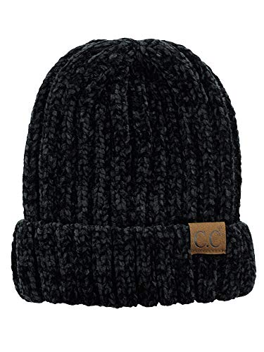 C.C Unisex Chenille Soft Warm Stretchy Thick Cuffed Knit Beanie Cap Hat-Black
