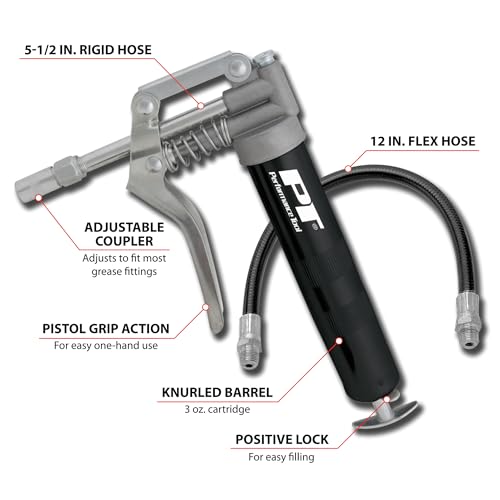 Image of Performance Tool W54198 Mini Grease Gun (3 oz) With 12 inch Flexible Hose and 5.5 inch Rigid Extension Pipe.
