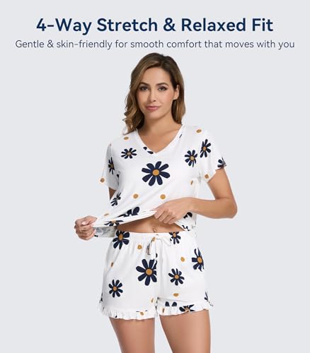 Image of WiWi Womens Pajamas Set Bamboo Viscose Super Soft Short Sleeve Top Ruffle Shorts Sleepwear Cooling Pj Sets S-XXL
