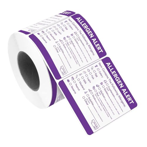600pcs Purple Food Allergen Warning Labels - Kitchen Safety Stickers for Catering and Storage Box 5cm x 5cm 1 Roll