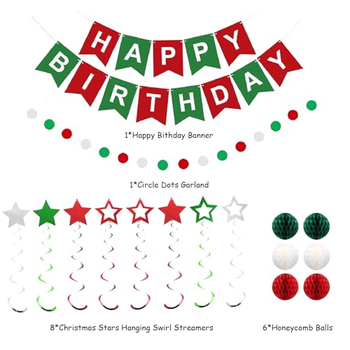 Image of Red Green and White Birthday Decorations,Christmas Happy Birthday Banner with Paper Decor Balls,Stars Hanging Swirl Streamers,Happy Birthday Decorations for Women Men Girls Boys