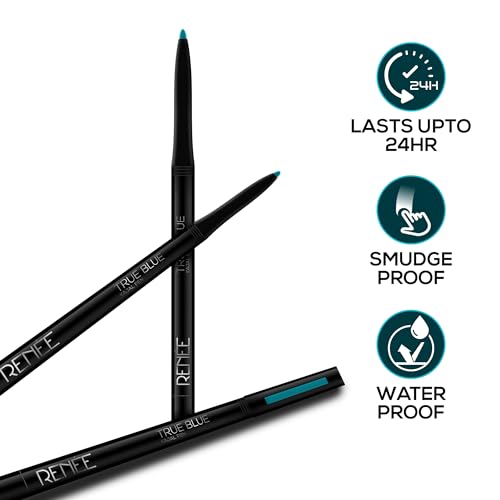 Image of RENEE Kajal Pen with Sharpener - True Blue | 24 Hrs Stay | Long Lasting Kohl Pencil | Matte Finish | Rich Color Payoff | Smudge & Waterproof | One Swipe Application Formula | 0.35gm