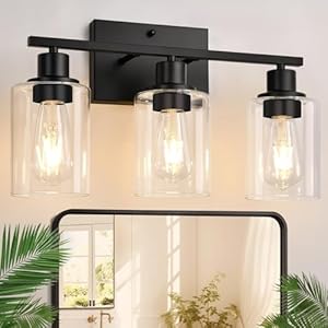 3 Light Bathroom Light Fixtures, Matte Black Modern Vanity Lights with Clear Glass Shade, Bathroom Wall Lamp for Mirror Kitchen Living Room Hallway Cabinet Porch