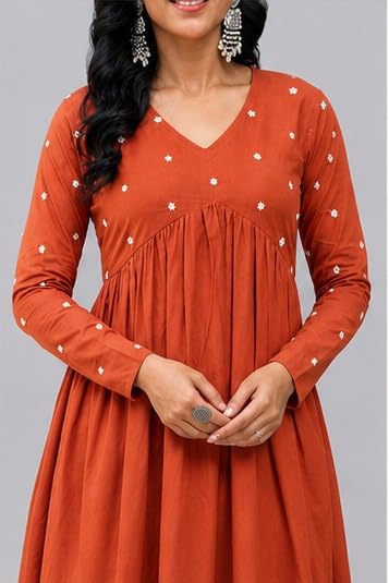 Image of Women's Long Kurta Set with Pant Polka Dots, Embroidered, V-Neck Empire Waist, Full Sleeves