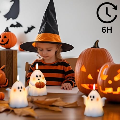 Image of Wondise Halloween Flameless Candles with 6hrs Timer Spooky Ghost, Battery Operated Candles 3D Flickering Wick Real Wax 2 Packs Halloween Candles for Halloween Decoration Gift (D 3.5 inch x H 5 inch