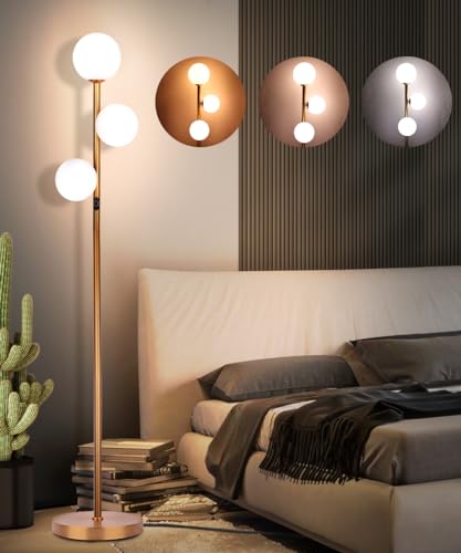 Image of 3 Globe Mid Century Modern Floor Lamp for Living Room Decor, Tall Standing Dimmable LED Light for Bedroom Office, Full Range Dimming, Adjustable Color Temperature, ETL Listed - Gold/Antique Brass